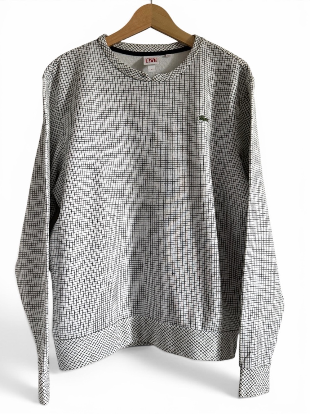 Lacoste L!VE XL Grid Print Sweatshirt White Black French Terry Crewneck
